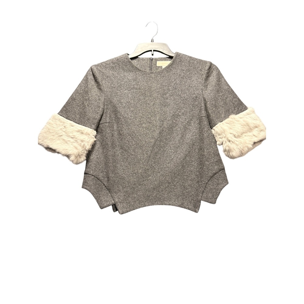 Mignon Doo Wool Blend Top Women Medium Gray Rabbit Fur Trim RN133718